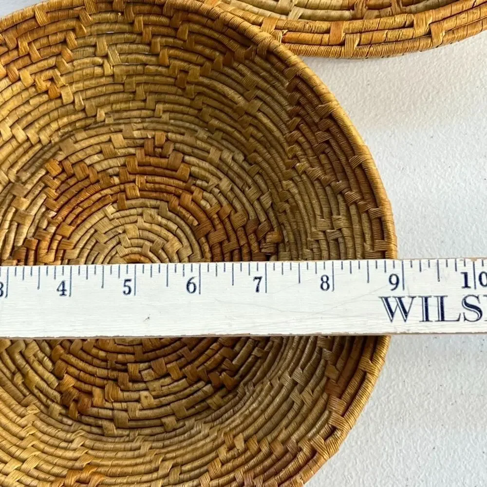 Set of 2 Round Coiled Woven Natural Baskets Double Handles Decor